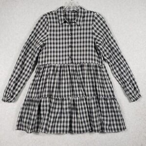 Zara Women's Black & White Plaid Long Sleeve Mini Dress XS Pleated Skirt Preppy